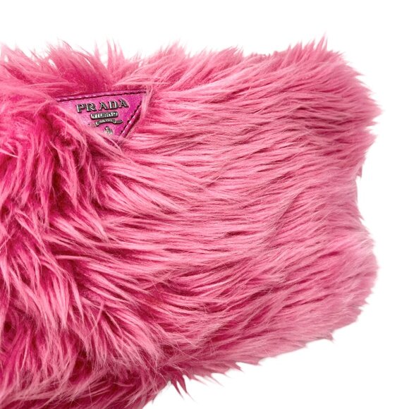 PRADA Vintage Logo Faux Fur Clutch Bag Zip Acrylic Polyester Pink  [105251] - Picture 7 of 13